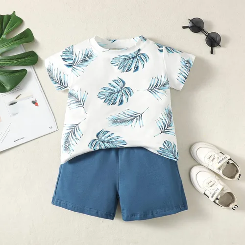 Vista 3 de AMAWMW Trajes de verano hawaianos para bebés y niños pequeños, camiseta de hoja de palmera, pantalones cortos con bolsillos, 2 piezas, ropa tropical