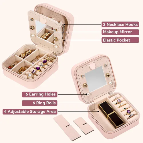 Vista 3 de Joyero de viaje para mujer, artículos esenciales de vacaciones para mujeres, anillo collar, aretes, caja organizadora de joyas con espejo, regalos