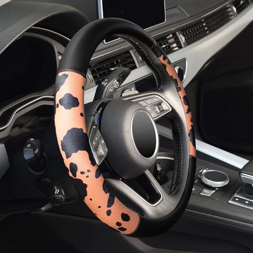 Vista 4 de Fundas para volante de automóvil con estampado de vaca, piel de microfibra transpirable para mujeres y hombres, protector universal de volante
