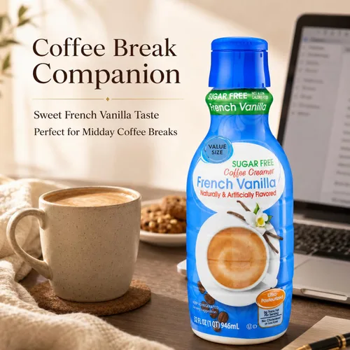 Vista 5 de Crema de café de vainilla francesa sin azúcar, botella de 32 onzas líquidas, crema líquida dulce y cremosa para café con cucharas de pala de café
