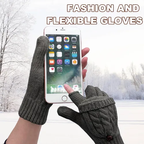 Vista 24 de Beurlike Guantes de invierno para mujer, de lana cálida, a prueba de viento, convertibles, sin dedos