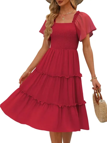 Vista 9 de LILLUSORY Vestido midi fruncido con cuello cuadrado y mangas con vuelo Negro