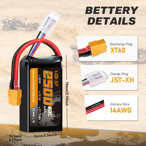 Vista 3 de 3S Lipo Batería 2500mAh 11.1V 80C Alta tasa de descarga Shorty Pack Baterías RC con XT60 Plug Fit para RC Avión FPV Quadcopter Helicóptero Drone