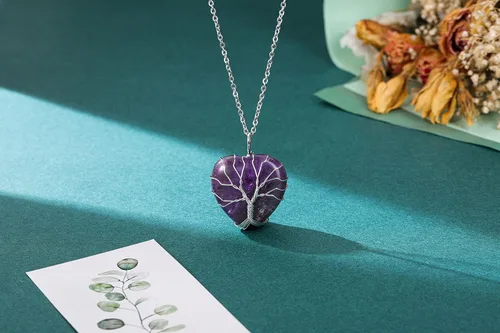 Vista 2 de Top Plaza - Collar de cuarzo rosa natural curativo con árbol de la vida envuelto en alambre de plata con forma de corazón colgante para mujeres