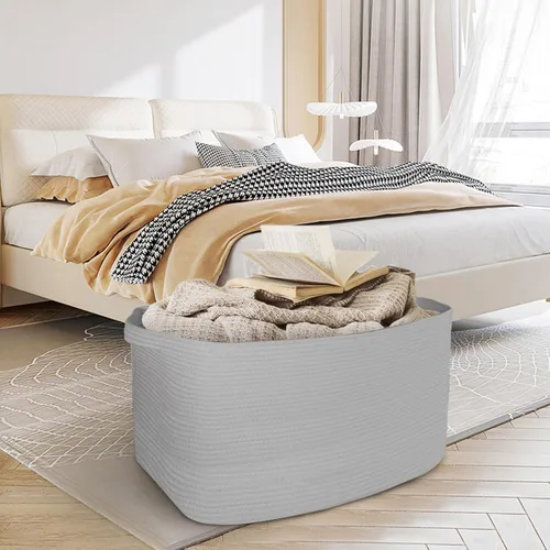 Vista 5 de Cestas grises para organizar, cestas rectangulares de cuerda de algodón de 22 x 17 x 12 pulgadas, cesta tejida para manta para sala de estar, cubos