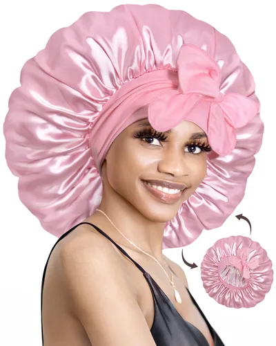 Vista 13 de BONNET QUEEN Gorro reversible de satén de seda para dormir, doble capa, ajustable, trenzas rizadas, peluca de cabello natural, banda para gorro