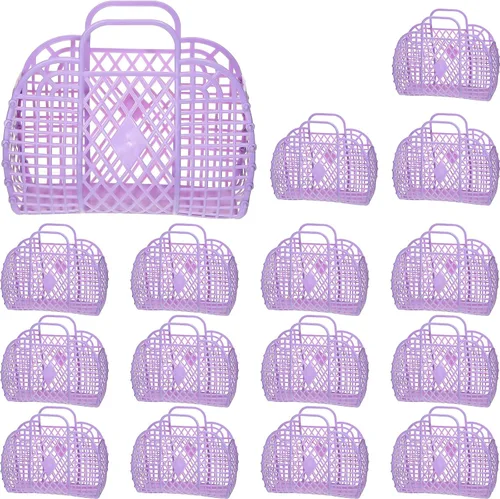 Vista 8 de Hsei 16 bolsas de gelatina para niñas, cesta de Pascua, reutilizable, bolsa de playa de plástico para playa, cesta de regalo para niños y niñas Beige