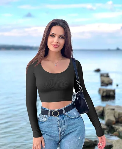 Vista 6 de OQQ Camiseta corta de 3 piezas para mujer, manga larga, cuello redondo, elástica, ajustada, para mujer
