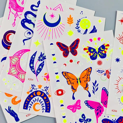 Vista 9 de Tatuajes temporales de neón UV, 12 hojas de tatuajes de fiesta que brillan en la oscuridad para adultos y niñas, patrones de doble vibración