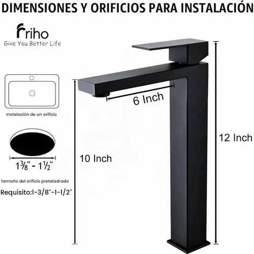 Vista 2 de Friho - Grifo de lavabo negro mate, grifos altos de baño, un solo agujero