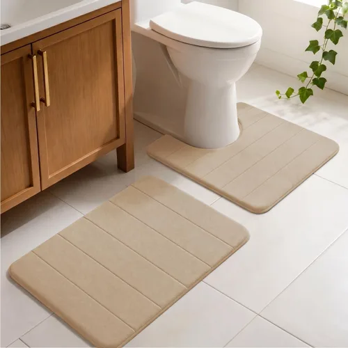 Vista 12 de Juego de 2 alfombras de baño de espuma viscoelástica, súper suaves, absorbentes, de secado rápido, alfombras de baño de espuma viscoelástica