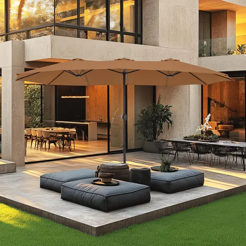 Vista 13 de MFSTUDIO Sombrilla de patio de 15 pies con base incluida, sombrilla rectangular grande de mercado de doble cara para exteriores con mango