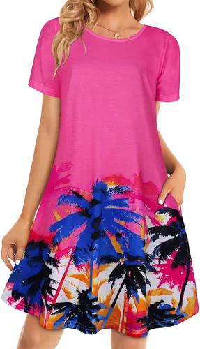 Vista 25 de Vestidos de verano para mujer, informales, holgados, estilo camiseta, florales, de manga corta, con vuelo y bolsillos, para la playa