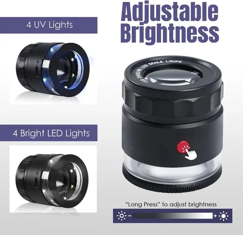 Vista 4 de Lupa de lupa 10X, lupa de joyería con luz LED y escala, lupa 10X para gemas, monedas, sellos