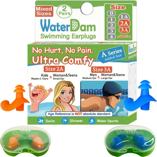 Vista 36 de WaterDam - Tapones de natación para los oídos, grandes, impermeables, ultra cómodos, para evitar el oído de nadador (talla 0: bebé 0-1 año (naranja))