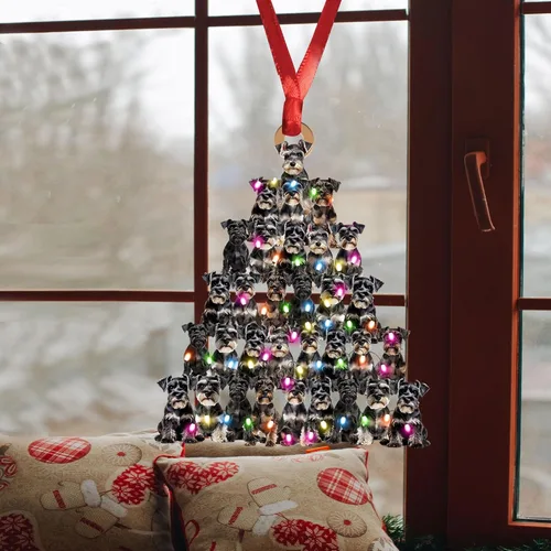 Vista 4 de Talataca Adorno Navideño Plano 2D de Schnauzer Miniatura, Adorno de Árbol de Navidad en Forma de Pino con Luz de Cadena, Adorno de Árbol de Pino