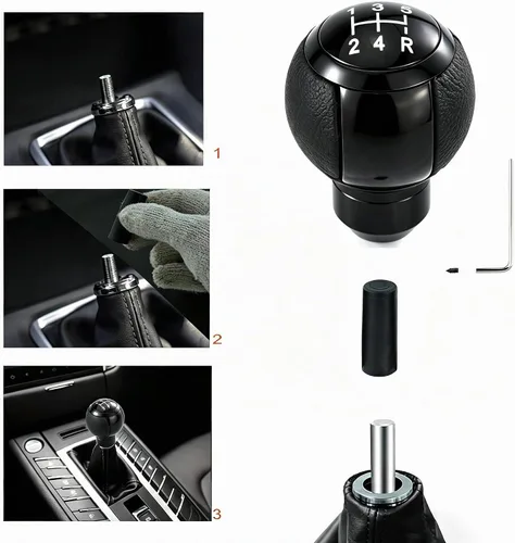 Vista 2 de Lunsom Pomo de Palanca de Cambios de Coche de 5 Velocidades Cabeza de Palanca de Cambios, Pomo de Cambio de Engranajes de Cuero Bola Mango de Negro