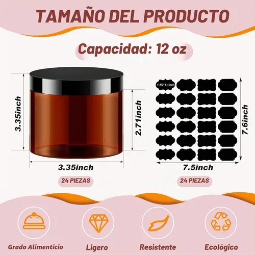 Vista 4 de Paquete de 24 tarros de PET ámbar de 12 onzas con tapas negras y etiquetas Ámbar con tapa negra
