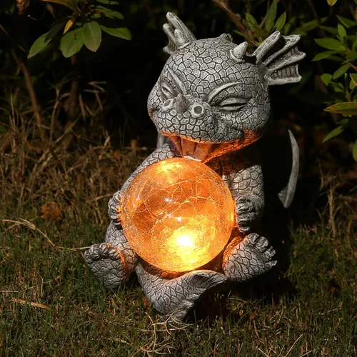 Vista 5 de Estatua de Dragón de Jardín con Energía Solar Figura Luminosa para Exteriores Decoración Linda que Sostiene Bola de Cristal Brillante Escultura
