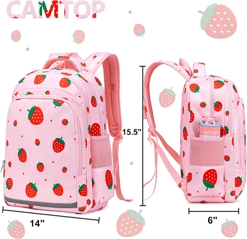 Vista 5 de CAMTOP Mochila para niños y niñas, mochilas preescolares con lonchera, juego de bolsa luminosa para jardín de infantes, rosado (Pink Strawberry)