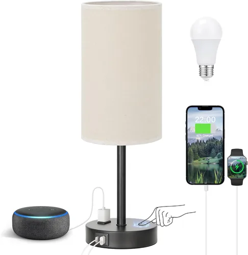 Vista 20 de Fenmzee Juego de lámparas de mesa pequeñas táctiles regulables de 2 a 3 vías, carga USB A + C, salida de CA, base de grano de madera, bombillas