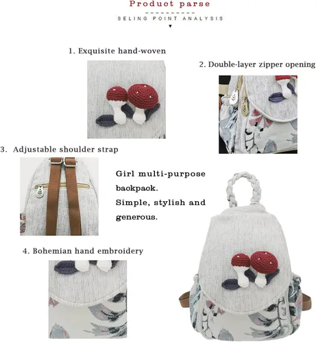 Vista 34 de HUANGGUOSHU Mochila de algodón tejida de algodón bohemio con bordado de lona estilo bohemio con múltiples bolsillos retro linda mochila cartera