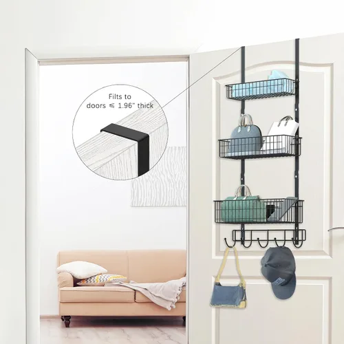 Vista 5 de CADUKE Organizador Negro Sobre la Puerta Organizador Sobre la Puerta Ganchos con Cesta de Almacenamiento Toalleros para Puerta de Baño Estante