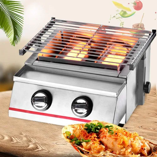 Vista 5 de Parrilla de mesa portátil de gas de 2 quemadores, barbacoas de gas LPG, parrilla de mesa antiadherente, parrilla de gas para fiestas, barbacoas