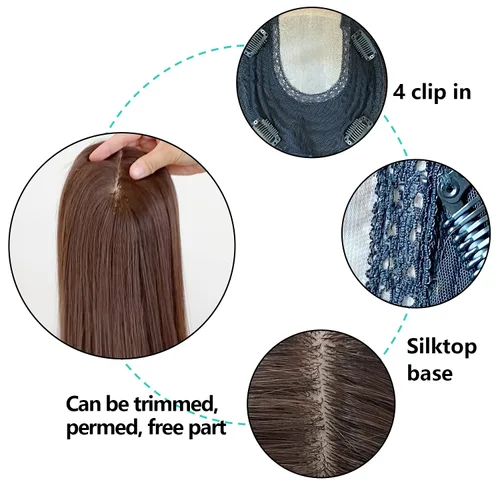 Vista 2 de Toppers para el cabello para mujer, base superior de seda, 6 x 6.5 pulgadas, con clip en la parte trasera tramada, cabello humano virgen de nivel #2