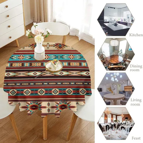 Vista 5 de Mantel azteca suroeste, diseño étnico tribal geométrico, estilo vintage, bohemio, elegante, lavable, para comedor, cocina, granja, fiesta