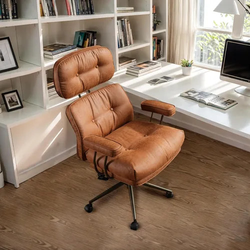 Vista 23 de Silla de oficina Mid Century Modren, silla ejecutiva giratoria con soporte lumbar, silla de escritorio ergonómica de respaldo medio con ruedas Beige