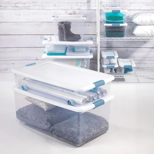 Vista 4 de Sterilite - Paquete de 12 contenedores de almacenamiento con pestillo para debajo de la cama, con tapas, de plástico transparente, 6 cuartos