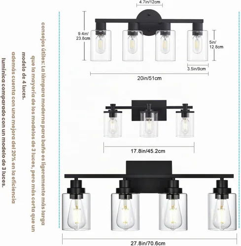 Vista 5 de Lámpara de tocador de baño de 4 luces, lámparas de baño negro mate con pantalla de vidrio transparente, 4 luces de tocador, accesorios