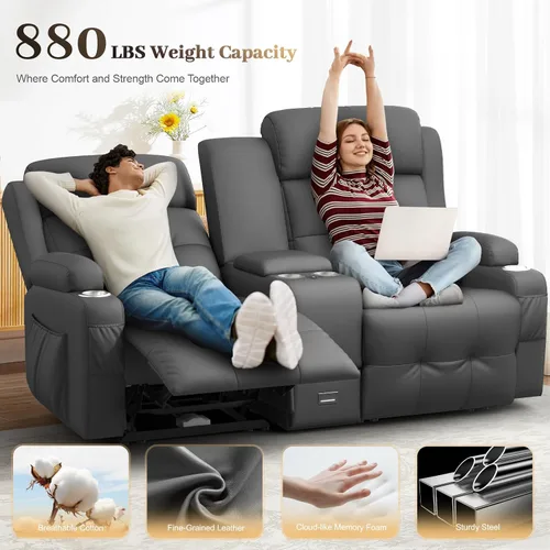 Vista 74 de Sofá de Dos Plazas Reclinable, Sofá Reclinable de Masaje con Gran Capacidad de Peso, Silla de Dos Plazas para RV en Liquidación con Consola, USB