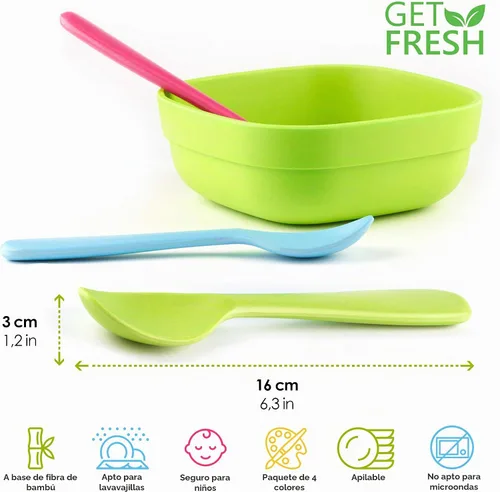 Vista 3 de GET FRESH Juego de cucharas de bambú para niños, paquete de 4 cucharas reutilizables de fibra de bambú para uso diario, cubiertos grandes de bambú