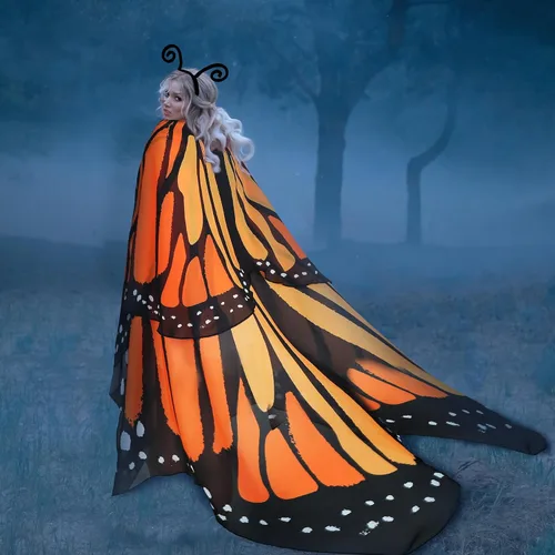 Vista 6 de 2 piezas de disfraz de mariposa de Halloween con alas de mariposa de doble capa con diadema para mujeres y niñas