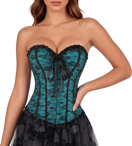 Vista 15 de Zhitunemi - Corsés para disfraz de vampiro para mujer: Corsé floral para mujer, trajes de Moulin, burlesque Beige