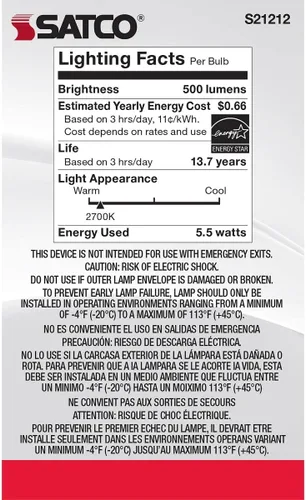 Vista 5 de Satco Bombilla LED E12 de 5.5 W, 2700 K, clasificación de 15000 horas, regulable