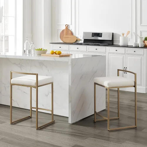 Vista 2 de Crosley Furniture Harlowe - Juego de 2 taburetes de bar tapizados con altura de mostrador, cocina y comedor, crema y dorado