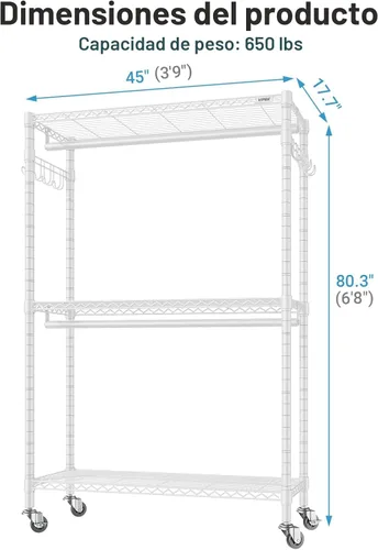 Vista 6 de VIPEK R2 Plus - Perchero de 3 niveles ajustable de alambre con ruedas, estante de almacenamiento independiente de metal resistente para colgar ropa