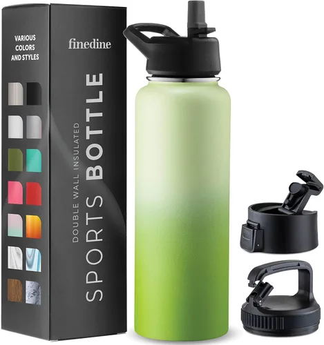 Vista 24 de FineDine Botellas de agua aisladas de triple pared con popote, botella de metal de acero inoxidable de 25 onzas con 3 tapas a prueba de fugas