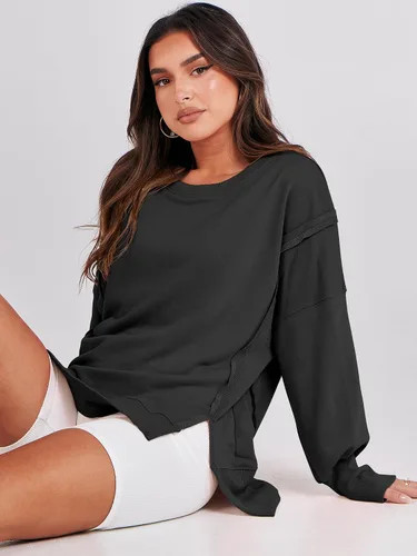 Vista 9 de ANRABESS Sudadera de gran tamaño para mujer, cuello redondo, manga larga, casual, con abertura, sin botones, ropa de otoño