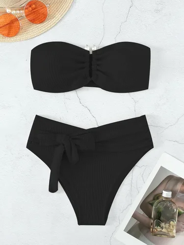 Vista 5 de WDIRARA Conjunto de bikini de 2 piezas para mujer, conjunto de traje de baño de cintura alta sin tirantes con nudo frontal