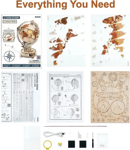 Vista 7 de ROKR Rompecabezas de madera 3D para adultos, rompecabezas de globo de madera con iluminación LED, kits de construcción de modelos, decoración