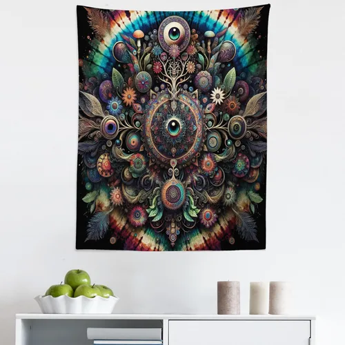 Vista 184 de Ambesonne Tapiz Trippy, vista panorámica de la cascada con bosques de ensueño y mandala oriental psicodélico, decoración de tela para colgar