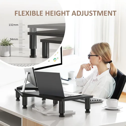 Vista 2 de AX WABER Soporte elevador de monitor doble, soporte para monitor con patas de acero de altura ajustable, soporte de monitor de madera