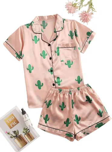 Vista 5 de SweatyRocks - Conjunto de pijama de satén de 2 piezas para mujer, ropa de dormir abotonada de manga corta