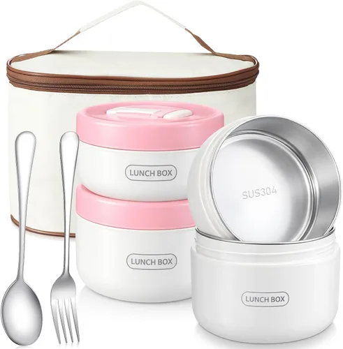 Vista 11 de Dandat 4 Piezas Caja Bento Aislada Contenedor Portátil de Acero Inoxidable para Alimentos Redondo Apto para Microondas Apilable A Prueba de Fugas