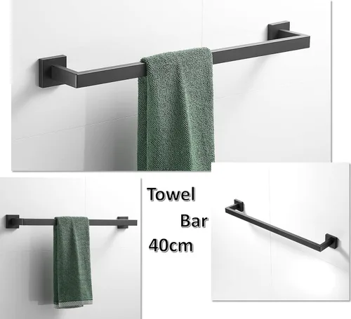 Vista 3 de Juego de accesorios de baño negro de 4 piezas, barra de toalla/soporte de papel higiénico/soporte para toallas de mano/gancho de toalla, montado