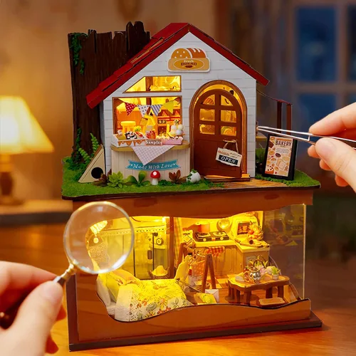 Vista 5 de Kit de casa en miniatura, kits de casa de muñecas con luces y cubierta antipolvo, kit de manualidades creativo con panadería de dos pisos y sótano